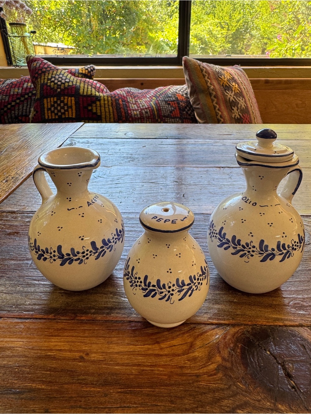 Italy Hand-Painted Blue Floral Ceramic Cruet Set - White and Blue